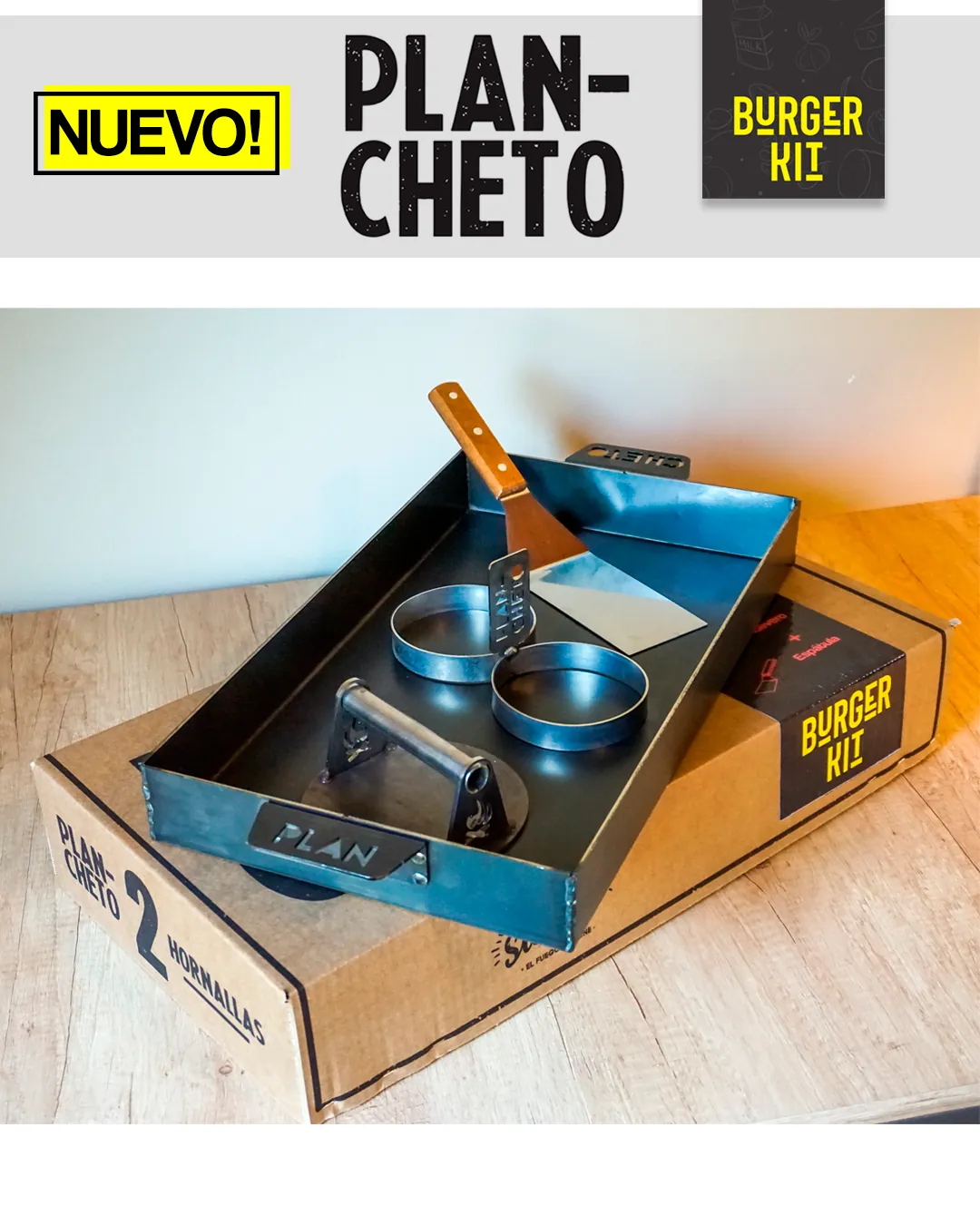 Plancha de acero Plan Cheto con el kit burger sobre la caja