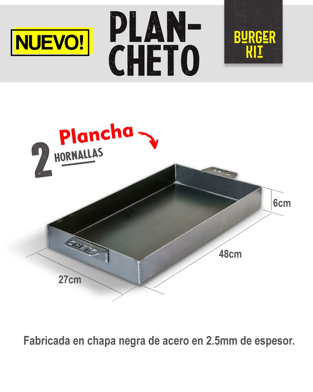 Plancha de 2 hornallas de 48 × 27 × 6 cm en chapa de 2.5 mm