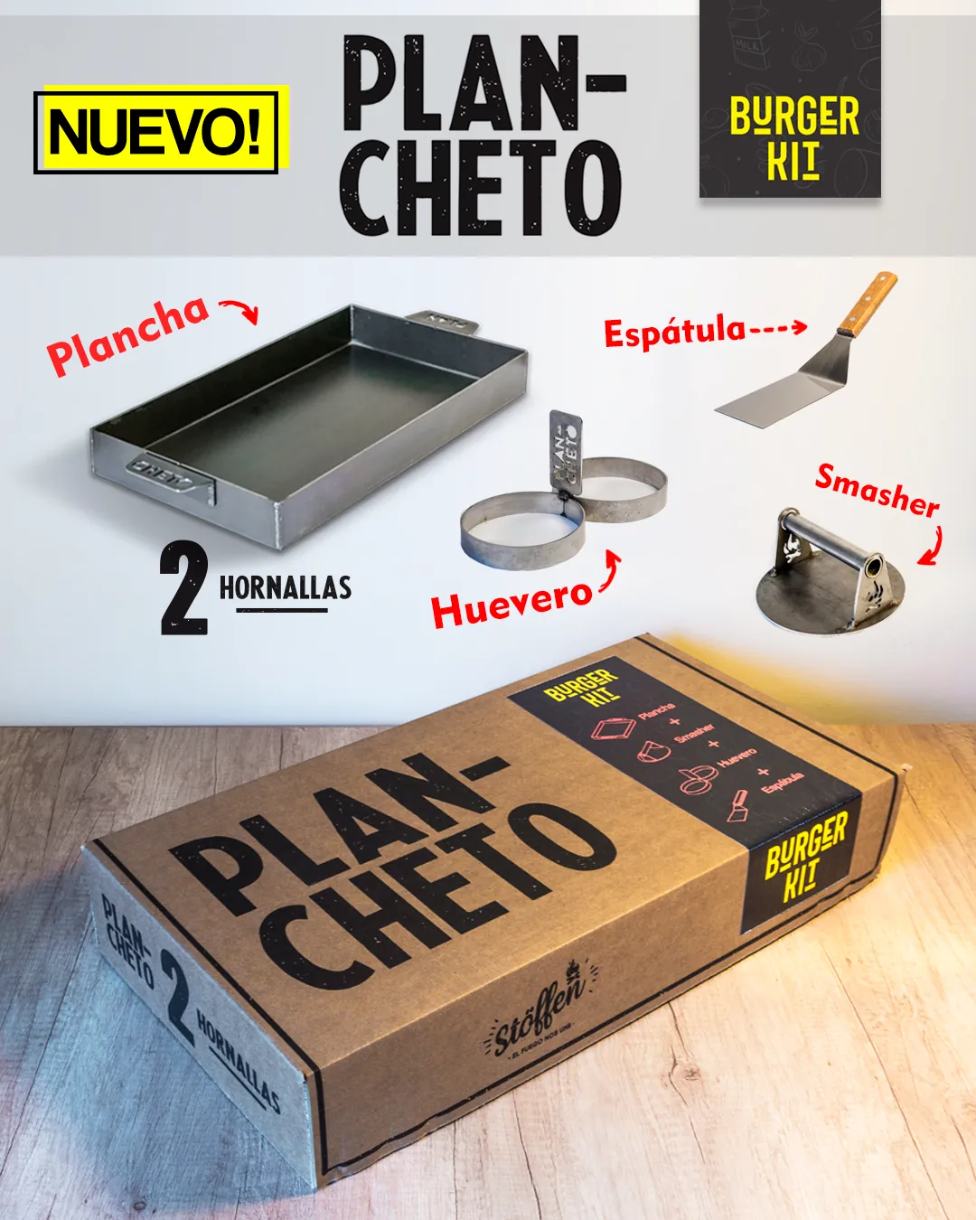 Kit Burger Plan Cheto: plancha, smasher, huevero y espátula con su caja